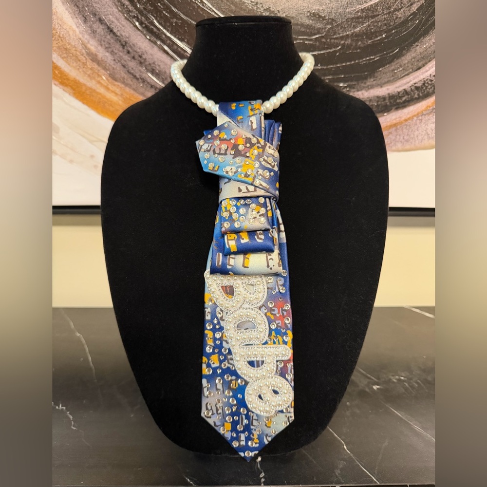 Blue Patterned Tie with Rhinestone Detail